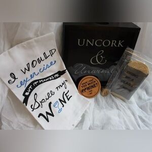 Wine Lover Bundle: New Tea Towel, Socks, Stopper, Glass Cover; Used Cork Frame